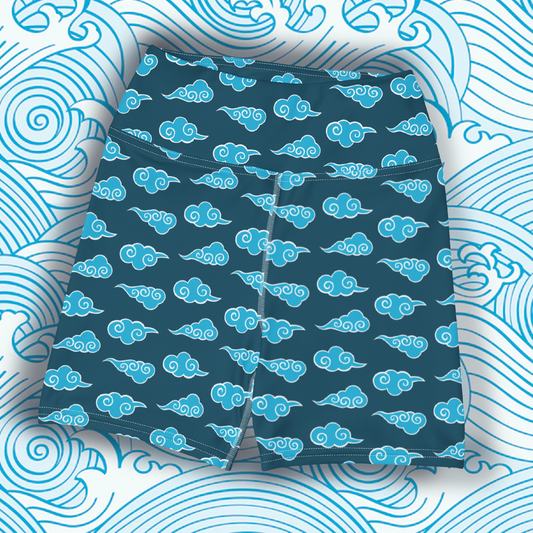 Blue Japanese Clouds Yoga Shorts